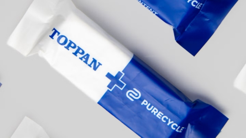 Flexible plastic wrapper with TOPPAN and PureCycle logos