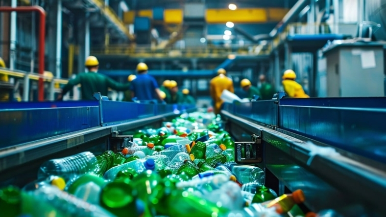 Plastic bottles moving along recycling conveyor line in industrial sorting facility