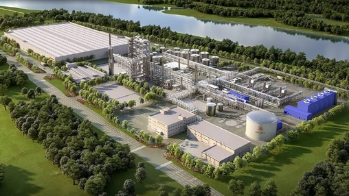 Aerial rendering of a chemical recycling plant with processing units, storage tanks, and a river backdrop