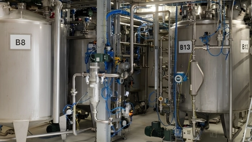 Stainless steel tanks B8 and B13 linked by blue piping inside an industrial bioplastics production facility