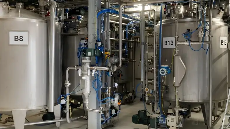 Stainless steel tanks B8 and B13 linked by blue piping inside an industrial bioplastics production facility