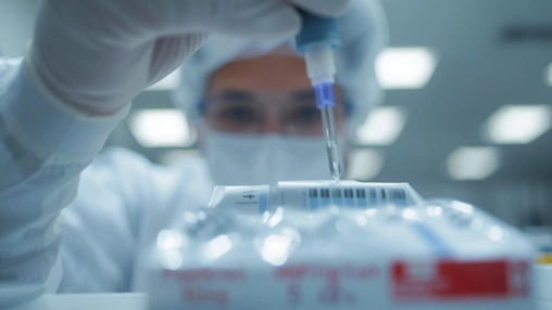 Lab technician in white coat and face mask using a pipette over labeled pharmaceutical vials in a cleanroom