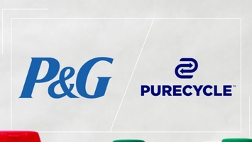 P&G and PureCycle co-branded partnership graphic showing both company logos side by side on a grey background