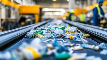 Mixed plastic waste moves along a conveyor belt at a recycling facility with workers nearby